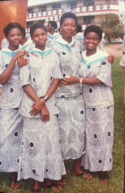 School-day friends in matching dresses